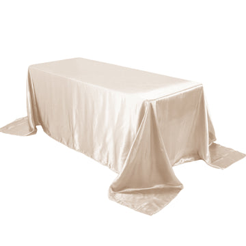 90"x132" Beige Satin Seamless Rectangular Tablecloth for 6 Foot Table With Floor-Length Drop