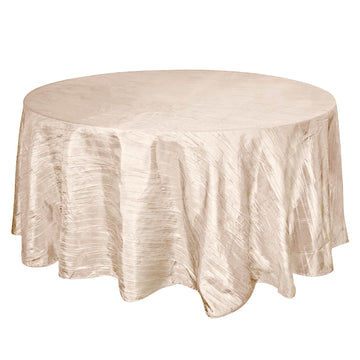 120" Beige Seamless Accordion Crinkle Taffeta Round Tablecloth for 5 Foot Table With Floor-Length Drop
