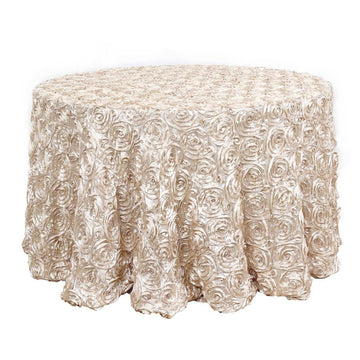 120" Beige Seamless Grandiose 3D Rosette Satin Round Tablecloth for 5 Foot Table With Floor-Length Drop