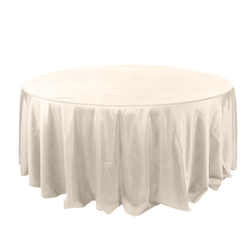 132" Beige Seamless Polyester Round Tablecloth for 6 Foot Table With Floor-Length Drop