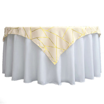 Polyester 54"x54" Table Overlay Square Tablecloth Beige with Gold Foil Geometric Pattern - Wrinkle-Resistant & Durable Table Topper