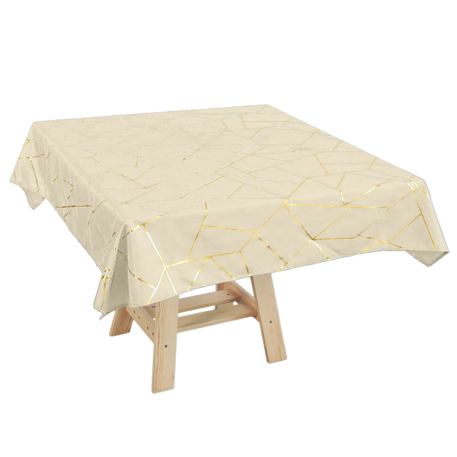 54"x54" Beige Polyester Square Tablecloth With Gold Foil Geometric Pattern