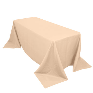 90"x132" Beige Seamless Premium Polyester Rectangular Tablecloth - 220GSM for 6 Foot Table With Floor-Length Drop