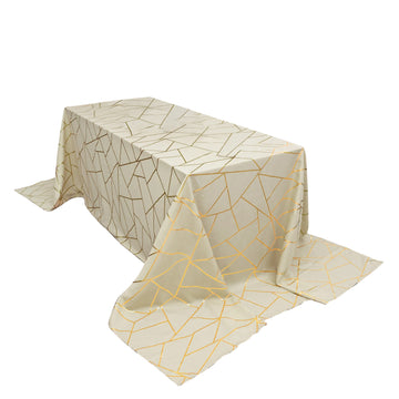 90"x156" Beige Seamless Rectangle Polyester Tablecloth With Gold Foil Geometric Pattern
