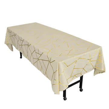 60"x102" Beige Seamless Rectangle Polyester Tablecloth With Gold Foil Geometric Pattern