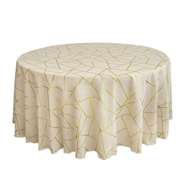 Polyester 120" Round Tablecloth Beige with Gold Foil Geometric Pattern Wrinkle-Resistant Seamless Table Cover