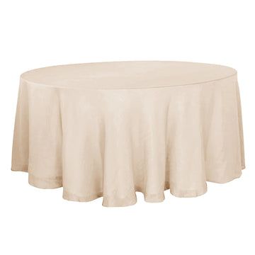 120" Beige Seamless Round Tablecloth, Linen Table Cloth With Slubby Textured, Wrinkle Resistant for 5 Foot Table With Floor-Length Drop