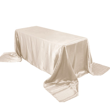 90"x156" Beige Seamless Satin Rectangular Tablecloth for 8 Foot Table With Floor-Length Drop
