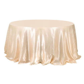 132" Beige Seamless Satin Round Tablecloth for 6 Foot Table With Floor-Length Drop