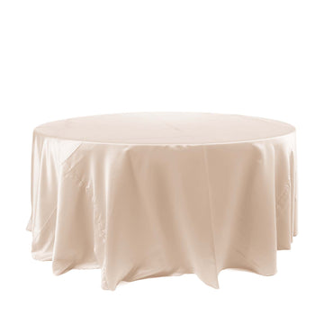 120" Beige Seamless Satin Round Tablecloth for 5 Foot Table With Floor-Length Drop