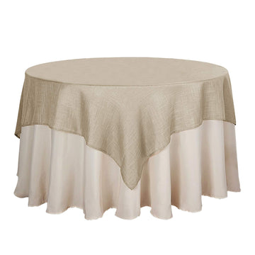 72"x72" Beige Slubby Textured Linen Square Table Overlay, Wrinkle Resistant Polyester Tablecloth Topper