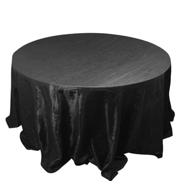 132" Black Accordion Crinkle Taffeta Seamless Round Tablecloth for 6 Foot Table With Floor-Length Drop