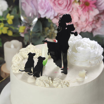 7" Black Acrylic Bride and Groom With Two Pet Dogs Cake Toppers, Silhouette Wedding Cake Decoration Set