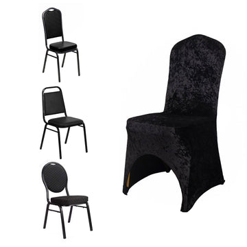 Black Crushed Velvet Spandex Stretch Wedding Chair Cover With Foot Pockets, Fitted Banquet Chair Cover - 190 GSM