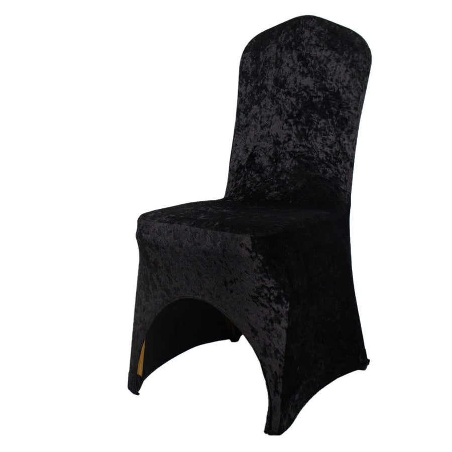 Black Crushed Velvet Spandex Stretch Wedding Chair Cover With Foot Pockets - 190 GSM#whtbkgd