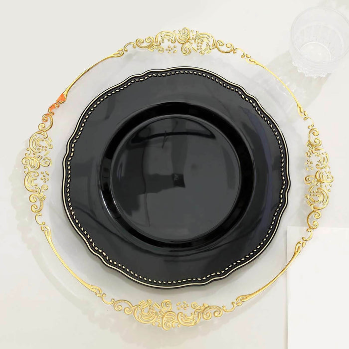 10 Pack | 10inch Black / Gold Scalloped Rim Disposable Dinner Plates