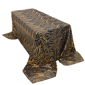 90"x156" Black Gold Wave Mesh Rectangular Tablecloth With Embroidered Sequins for 8 Foot Table With Floor-Length Drop