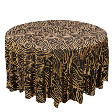 120" Black Gold Wave Mesh Round Tablecloth With Embroidered Sequins for 5 Foot Table With Floor-Length Drop