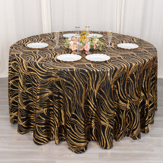 Add Splendor and Elegance to Your Event with the Black Gold Wave Mesh Round Tablecloth