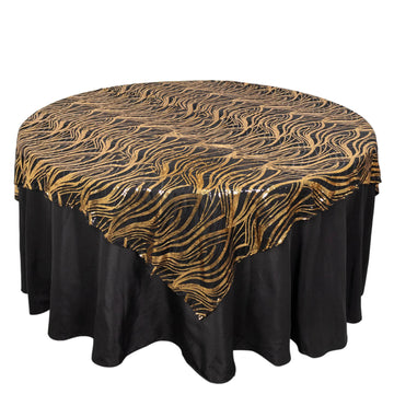 72"x72" Black Gold Wave Mesh Square Table Overlay With Embroidered Sequins