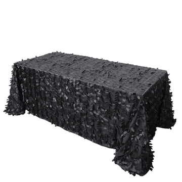 90"x132" Black 3D Leaf Petal Taffeta Fabric Seamless Rectangle Tablecloth for 6 Foot Table With Floor-Length Drop