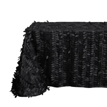 90"x156" Black 3D Leaf Petal Taffeta Fabric Seamless Rectangle Tablecloth for 8 Foot Table With Floor-Length Drop