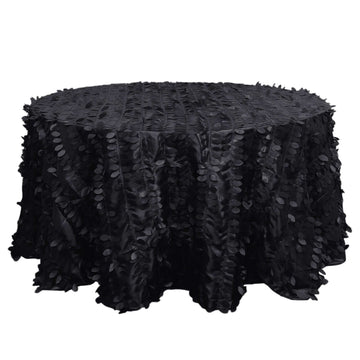 132" Black 3D Leaf Petal Taffeta Fabric Seamless Round Tablecloth for 6 Foot Table With Floor-Length Drop