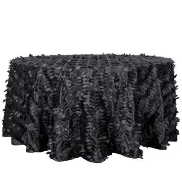 120" Black Leaf Petal Taffeta Seamless Round Tablecloth for 5 Foot Table With Floor-Length Drop
