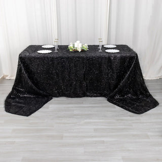 Elevate Your Event with the Black Metallic Tinsel Shag Rectangular Tablecloth