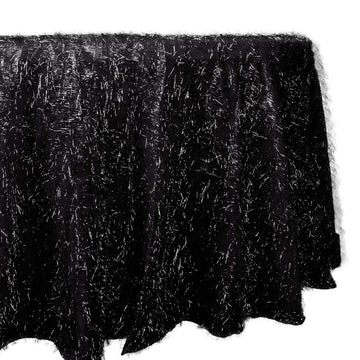 120" Black Metallic Premium Tinsel Shag Round Tablecloth, Shimmery Metallic Fringe Polyester Tablecloth for 5 Foot Table With Floor-Length Drop