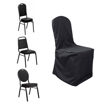 Black Polyester Banquet Chair Cover, Reusable Stain Resistant Slip On Chair Cover