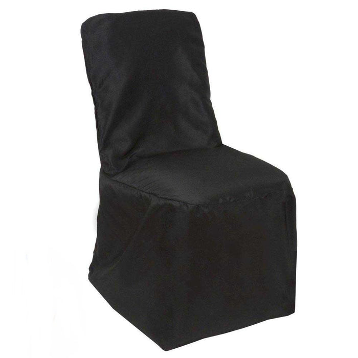 Black Polyester Square Top Banquet Chair Cover, Reusable Slip On Chair Cover#whtbkgd