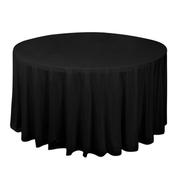 120" Black Premium Scuba Wrinkle Free Round Tablecloth, Seamless Scuba Polyester Tablecloth for 5 Foot Table With Floor-Length Drop
