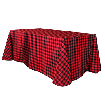 90"x132" Black Red Seamless Buffalo Plaid Rectangle Tablecloth, Checkered Polyester Tablecloth for 6 Foot Table With Floor-Length Drop