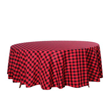 108" Black Red Seamless Buffalo Plaid Round Tablecloth, Checkered Gingham Polyester Tablecloth