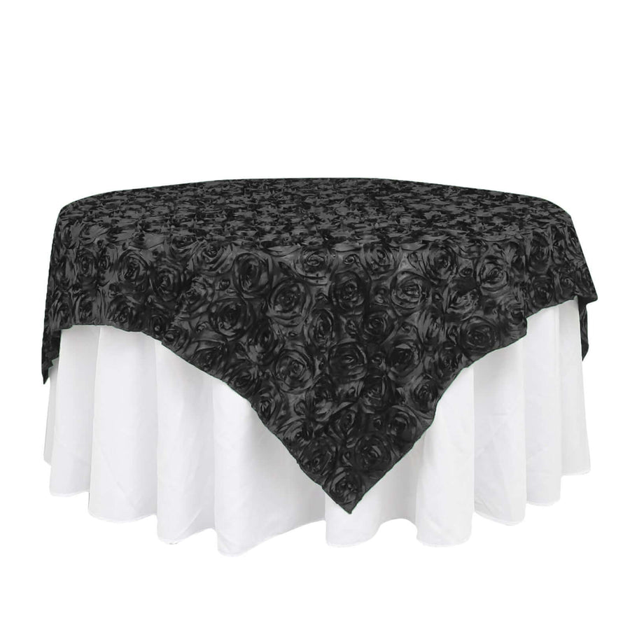 72x72inch Black 3D Rosette Satin Table Overlay, Square Tablecloth Topper