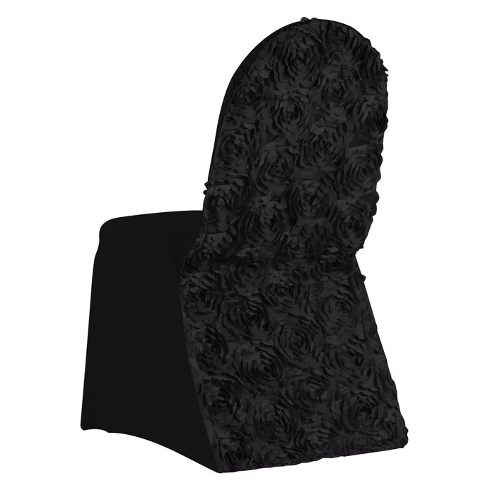 Black Satin Rosette Spandex Stretch Banquet Chair Cover, Fitted Chair Cover#whtbkgd