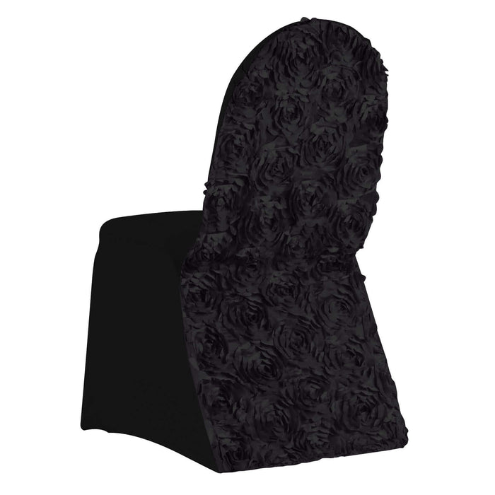 Black Satin Rosette Spandex Stretch Banquet Chair Cover, Fitted Slip On Chair Cover