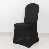 Black Satin Rosette Spandex Stretch Banquet Chair Cover, Fitted Slip On Chair Cover