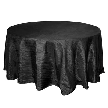 120" Black Seamless Accordion Crinkle Taffeta Round Tablecloth for 5 Foot Table With Floor-Length Drop