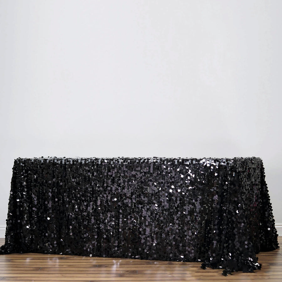 90"X156" Black Seamless Big Payette Sequin Rectangle Tablecloth Premium for 8 Foot Table With Floor-Length Drop