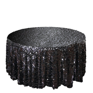 120" Black Seamless Big Payette Sequin Round Tablecloth Premium Collection for 5 Foot Table With Floor-Length Drop