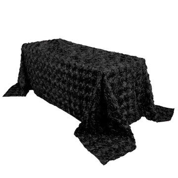 90"x132" Black Seamless Grandiose 3D Rosette Satin Rectangle Tablecloth for 6 Foot Table With Floor-Length Drop