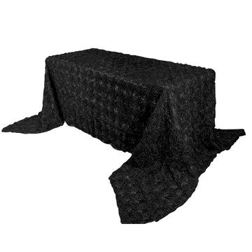 90"x156" Black Seamless Grandiose Rosette 3D Satin Rectangle Tablecloth for 8 Foot Table With Floor-Length Drop