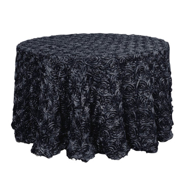 120" Black Seamless Grandiose 3D Rosette Satin Round Tablecloth for 5 Foot Table With Floor-Length Drop