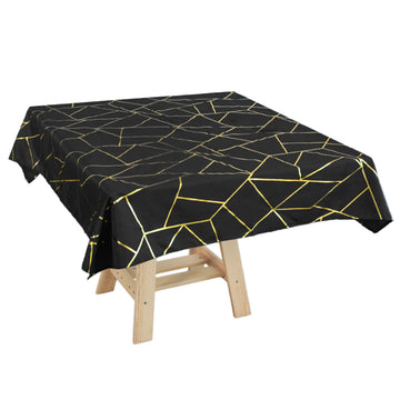 54"x54" Black Seamless Polyester Square Tablecloth With Gold Foil Geometric Pattern
