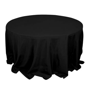 132" Black Seamless Premium Polyester Round Tablecloth - 220GSM for 6 Foot Table With Floor-Length Drop