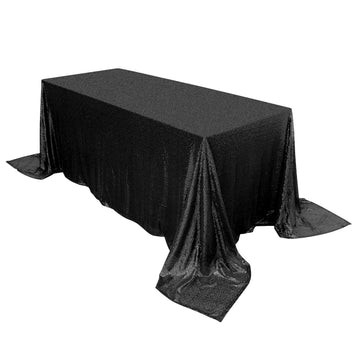90"x132" Black Seamless Premium Sequin Rectangle Tablecloth for 6 Foot Table With Floor-Length Drop
