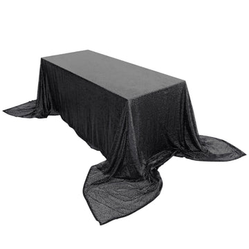 90x156" Black Seamless Premium Sequin Rectangle Tablecloth for 8 Foot Table With Floor-Length Drop