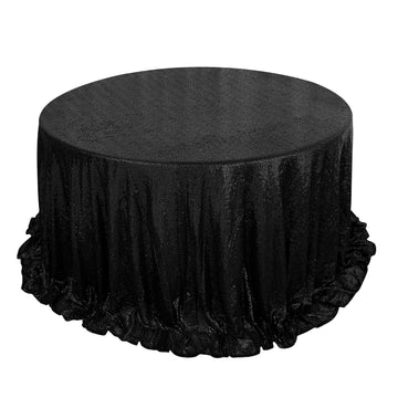 132" Black Seamless Premium Sequin Round Tablecloth, Sparkly Tablecloth